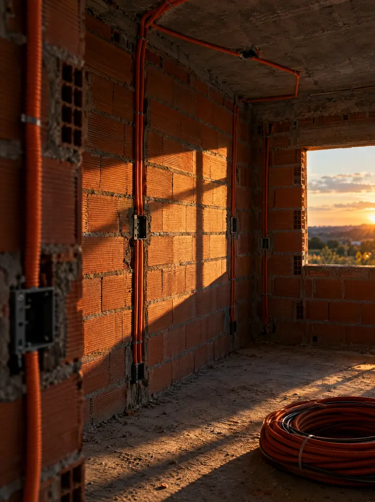 Obra en ladrillo con caños corrugados y cajas embutidas, rollo de cable nuevo en el piso